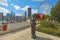 Statue, ferris wheel and cityscape at Navy Pier in Chicago, Illinois