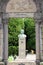 Statue of Francis Xavier around ancient gate at Xavier Park in Kagoshima