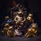 A statue of a frog sitting on a throne surrounded by frogs. Generative AI image.