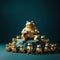 A statue of a frog sitting on top of a pile of gold frogs. Generative AI image.