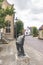 A statue in front of the old cottages in the picturesque village of Drimmelen, Netherlands