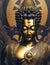 Statue of God Buddha. Decorative digital 2D painting. Color illustration for background. Picturesque portrait for the interior.