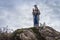 Statue of God Mother with Jesus baby in Pyrenees mountains, France. Sculpture of Our Lady with Jesus Christ on mountain top.