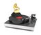 Statue of a golden gramophone and modern vinyl record player 3d illustration