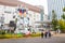 Statue of Gundam at DivercCity with raining Tokyo Plaza in Tokyo Japan