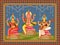 Statue of Indian God Lakshmi Ganesha and Saraswati with vintage floral frame background