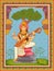 Statue of Indian Goddess Saraswati with vintage floral frame background