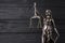 The Statue of Justice - lady justice or justitia the Roman goddess of Justice. Statue on black wooden wall. Concept of judicial