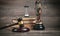 Statue of Lady Justice, hourglass, book and gavel