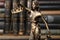 Statue of Lady Justice near books, closeup. Symbol of fair treatment under law