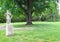 Statue and Large Tree on Lawn Provide an Ethereal Feel to this Park Scene