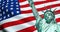 Statue of Liberty of American USA with waving flag in background, united states of america, stars and stripes