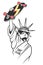 Statue of liberty holds skate in hand, Skate board typography, t-shirt graphics.