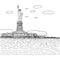 Statue of liberty on island in nyc harbor vector illustration sketch doodle hand drawn with black lines isolated on white