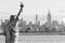 Statue Liberty and New York city skyline black and white