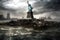 Statue of liberty standing alone in a submerged body of water, depicting the consequences of climate change and the apocalypse