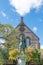 Statue of Marcus Aurelius and Sayles Hall on Lower Green of Brown University