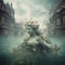 Statue of a mermaid in the lake, fantasy landscape. Art Illustration of a old european city half flooded by water. AI generated.