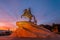 Statue of the monument to Peter 1, Bronze Horseman in Saint-Petersburg at sunset evening sky.