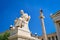 Statue of Plato, great ancient Greek philosopher, seated in chair and column with statue of Athena, ancient Greek