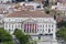 Statue of Portugal`s King Dom Pedro IV and Dona Maria II national theatre from the elevator de santa justa or santa jus