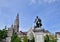 Statue of Rubens with Cathedral of Our Lady in Antwerp, Belgium.