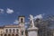 The statue of Saint Benedict in the homonymous square in the historic center of Norcia, Perugia, Italy
