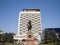 Statue of Soviet Military leader Grigori Kotovski facing the formerly soviet hotel Cosmos, one of the landmarks of Chisinau