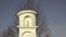 Statue of Virgin Mary with Jesus. Small Christian cross, blue sky and tree in background