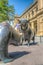 Statues of a bear and a bull in front of Stock Exchange building in Frankfurt, Germany