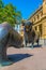 Statues of a bear and a bull in front of Stock Exchange building in Frankfurt, Germany