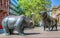 Statues of a bear and a bull in front of Stock Exchange building in Frankfurt, Germany