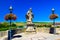 Statues of Carolus Magnus on the Old Main Bridge. Summer cityscape. Wurzburg is a city located on Main River. Germany