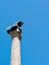 Statues of eagle and lion under a blue sky