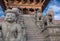 Statues at famous Nyatapola Temple at Durbar square in Bhaktapur, Kathmandu valley, Nepal