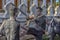 Statues of fighters of the ancient Thai martial art Muay Boran in the temple of Bang Kung Camp