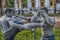 Statues of fighters of the ancient Thai martial art Muay Boran in the temple of Bang Kung Camp