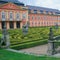 Statues of French garden of the Dobris Chateau. Maze of bushes.