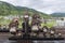 Statues of Japanese raccoon dog or tanuki at Torokko Kameoka Station