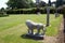 Statues of medici lions and columns at the Italian garden of Hever castle in England