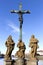 Statues from the oldest stone bridge in central Europe above River Otava, Pisek, Czech Republic