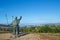 Statues of Pilgrims pointing the cathedral on Monte do Gozo in Santiago de Compostela, Spain