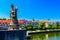 Statues of St. Joseph with Jesus on the Old Main Bridge. Summer cityscape. Wurzburg is a city located on Main River. Germany