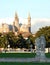 Statues and trees in the island Memmia Prato della Valle and the Basilica del Santo in Padua in Veneto (Italy)