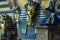 Statues of tutankhamun and mythology anub in blue