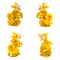 Statuettes of gold dragons with money isolated on a white background
