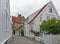 Stavanger old town white wooden houses street, Norway