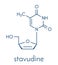 Stavudine d4T HIV drug molecule. Thymidine analog that blocks reverse-transcriptase. Skeletal formula.