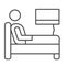 Stay in bed with flu thin line icon, Home treatment in covid-19 concept, Sick man lying in bed sign on white background