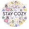 Stay cozy banner with icons for relaxing winter evening indoors